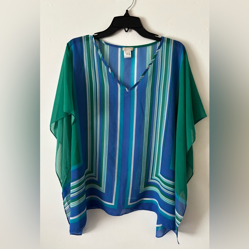 Talbots Blue Green White Striped sheer Colorblock Poncho Top small medium